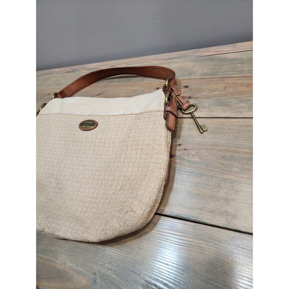 FOSSIL Explorer Foldover Flap Leather and Textured Canvas Cotton Shoulder Bag - Picture 3 of 10